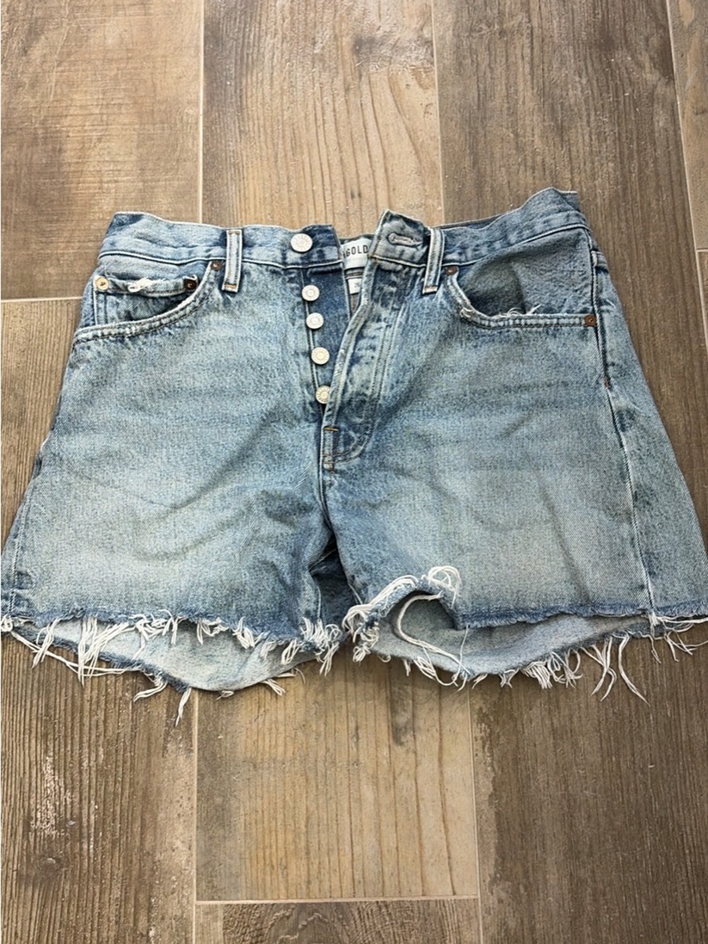 Agolde Light Blue Distressed High-Rise Denim Shorts
